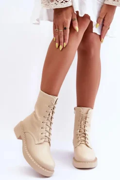 Damskie Boto Skórzane Botki Workery Na Płaskim Obcasie Jasnobeżowe Aganne