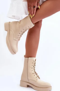 Damskie Boto Skórzane Botki Workery Na Płaskim Obcasie Jasnobeżowe Aganne