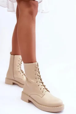 Damskie Boto Skórzane Botki Workery Na Płaskim Obcasie Jasnobeżowe Aganne