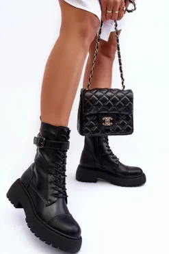 Boto Botki Sznurowane|Czarne Botki*Skórzane Botki Workery Na Płaskim Obcasie Z Klamrą Czarne Samivlo