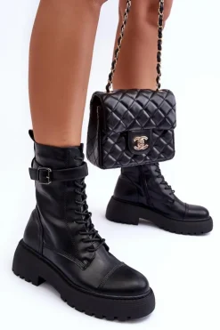 Boto Botki Sznurowane|Czarne Botki*Skórzane Botki Workery Na Płaskim Obcasie Z Klamrą Czarne Samivlo