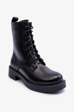 Boto Skórzane Botki Workery Na Płaskim Obcasie Czarne Aganne