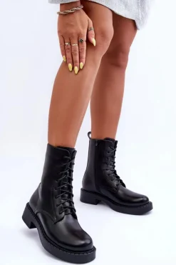 Boto Skórzane Botki Workery Na Płaskim Obcasie Czarne Aganne