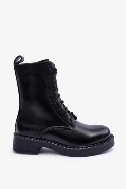 Boto Skórzane Botki Workery Na Płaskim Obcasie Czarne Aganne