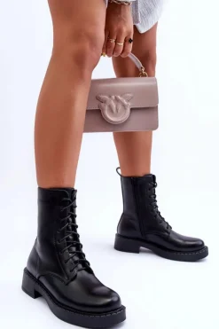 Boto Skórzane Botki Workery Na Płaskim Obcasie Czarne Aganne