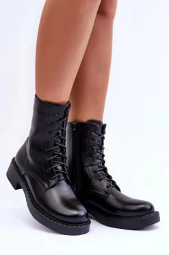 Boto Skórzane Botki Workery Na Płaskim Obcasie Czarne Aganne