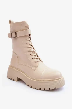 Damskie Boto Skórzane Botki Workery Na Płaskim Obcasie Z Klamrą Jasnobeżowe Samivlo