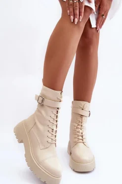 Damskie Boto Skórzane Botki Workery Na Płaskim Obcasie Z Klamrą Jasnobeżowe Samivlo