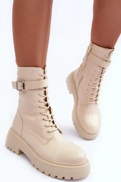Damskie Boto Skórzane Botki Workery Na Płaskim Obcasie Z Klamrą Jasnobeżowe Samivlo