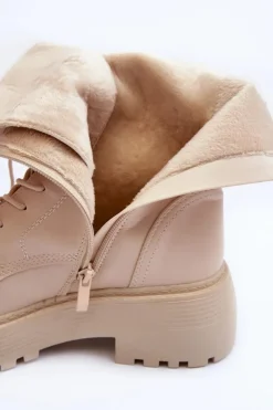 Damskie Boto Skórzane Botki Workery Na Płaskim Obcasie Z Klamrą Jasnobeżowe Samivlo