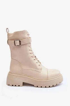 Damskie Boto Skórzane Botki Workery Na Płaskim Obcasie Z Klamrą Jasnobeżowe Samivlo