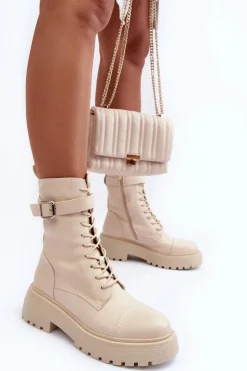 Damskie Boto Skórzane Botki Workery Na Płaskim Obcasie Z Klamrą Jasnobeżowe Samivlo