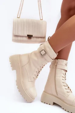 Damskie Boto Skórzane Botki Workery Na Płaskim Obcasie Z Klamrą Jasnobeżowe Samivlo
