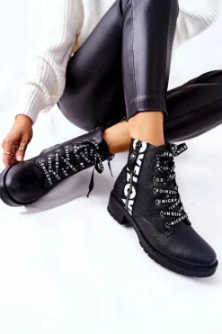 Damskie Boto Skórzane Botki Workery Na Suwak Czarne Henri