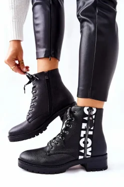 Damskie Boto Skórzane Botki Workery Na Suwak Czarne Henri