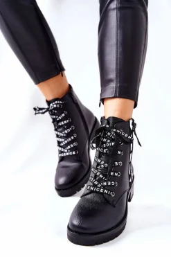 Damskie Boto Skórzane Botki Workery Na Suwak Czarne Henri