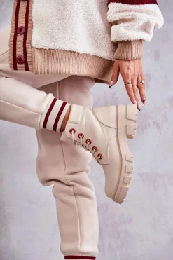 Boto Botki Sznurowane|Botki Zimowe Damskie*Skórzane Botki Workery Na Suwak Beżowe Messa