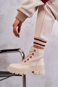 Boto Botki Sznurowane|Botki Zimowe Damskie*Skórzane Botki Workery Na Suwak Beżowe Messa