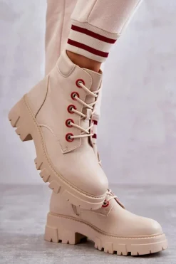 Boto Botki Sznurowane|Botki Zimowe Damskie*Skórzane Botki Workery Na Suwak Beżowe Messa