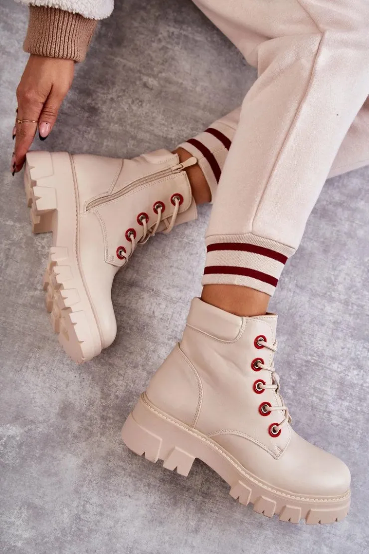 Boto Botki Sznurowane|Botki Zimowe Damskie*Skórzane Botki Workery Na Suwak Beżowe Messa