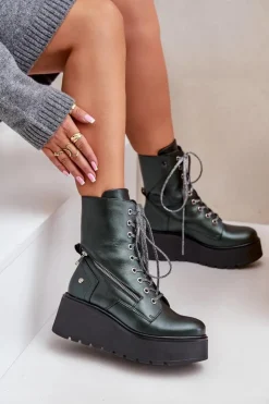 Discount Maciejka Skórzane Botki Workery Na Platformie I Koturnie 06676-09 Zielone Zielony