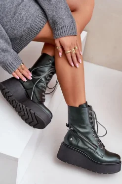 Discount Maciejka Skórzane Botki Workery Na Platformie I Koturnie 06676-09 Zielone Zielony