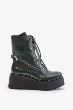 Discount Maciejka Skórzane Botki Workery Na Platformie I Koturnie 06676-09 Zielone Zielony