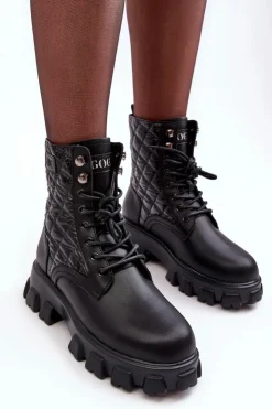 Damskie GOE Skórzane Botki Workery Na Płaskim Obcasie MM2N4021 Czarne