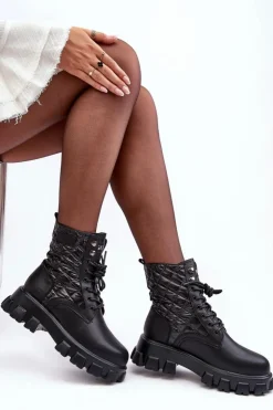 Damskie GOE Skórzane Botki Workery Na Płaskim Obcasie MM2N4021 Czarne