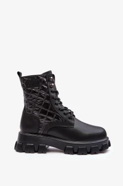 Damskie GOE Skórzane Botki Workery Na Płaskim Obcasie MM2N4021 Czarne