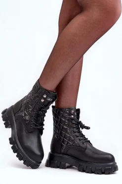 Damskie GOE Skórzane Botki Workery Na Płaskim Obcasie MM2N4021 Czarne