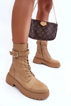 Damskie Boto Skórzane Botki Workery Na Płaskim Obcasie Z Klamrą Beżowe Samivlo