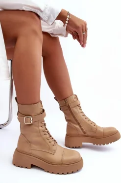 Damskie Boto Skórzane Botki Workery Na Płaskim Obcasie Z Klamrą Beżowe Samivlo