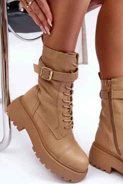 Damskie Boto Skórzane Botki Workery Na Płaskim Obcasie Z Klamrą Beżowe Samivlo