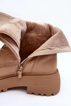 Damskie Boto Skórzane Botki Workery Na Płaskim Obcasie Z Klamrą Beżowe Samivlo