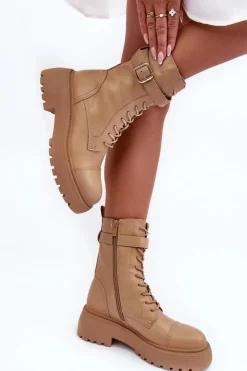 Damskie Boto Skórzane Botki Workery Na Płaskim Obcasie Z Klamrą Beżowe Samivlo