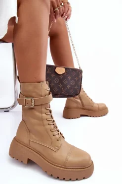 Damskie Boto Skórzane Botki Workery Na Płaskim Obcasie Z Klamrą Beżowe Samivlo