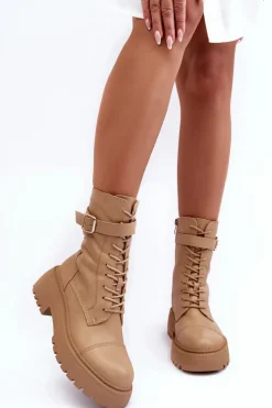 Damskie Boto Skórzane Botki Workery Na Płaskim Obcasie Z Klamrą Beżowe Samivlo