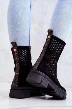 Damskie Boto Skórzane Botki Workery Nicole Czarne 2711