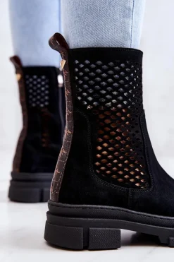 Damskie Boto Skórzane Botki Workery Nicole Czarne 2711