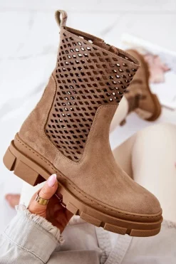 Clearance Boto Skórzane Botki Workery Nicole Jasnobrązowe 2711 Brązowy