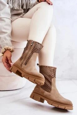 Clearance Boto Skórzane Botki Workery Nicole Jasnobrązowe 2711 Brązowy