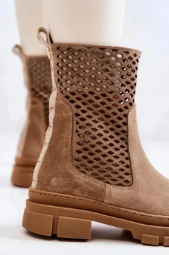 Clearance Boto Skórzane Botki Workery Nicole Jasnobrązowe 2711 Brązowy