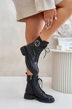 Sale Boto Skórzane Botki Workery Ocieplane Na Zamek Z Ozdobą Czarne Lorevine