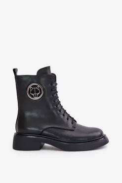 Sale Boto Skórzane Botki Workery Ocieplane Na Zamek Z Ozdobą Czarne Lorevine