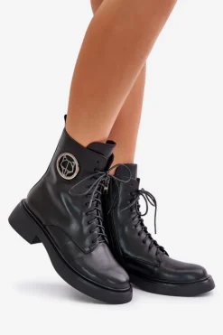 Sale Boto Skórzane Botki Workery Ocieplane Na Zamek Z Ozdobą Czarne Lorevine