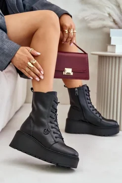 Buty damskie Vinceza Botki Skórzane|Botki Na Koturnie*Skórzane Botki Workery Ocieplane Na Platformie I Koturnie Vinceza 58338 Czarne