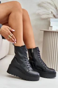 Buty damskie Vinceza Botki Skórzane|Botki Na Koturnie*Skórzane Botki Workery Ocieplane Na Platformie I Koturnie Vinceza 58338 Czarne