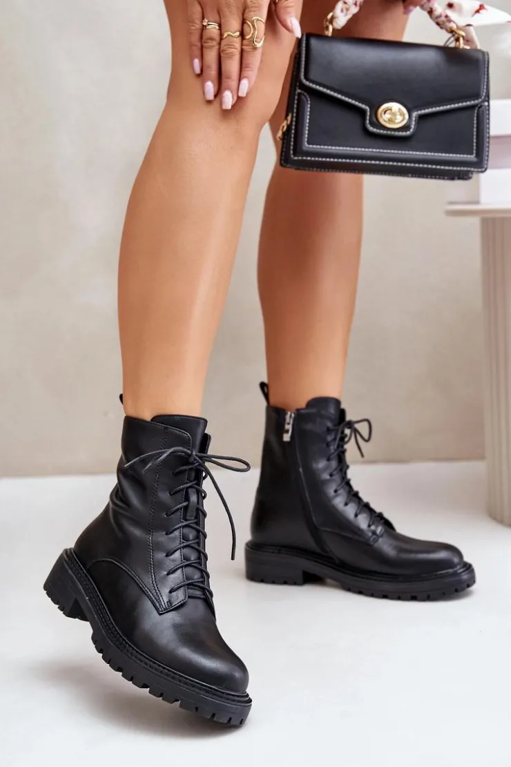 New Evento Skórzane Botki Workery Ocieplane Na Zamek Czarne Elosie