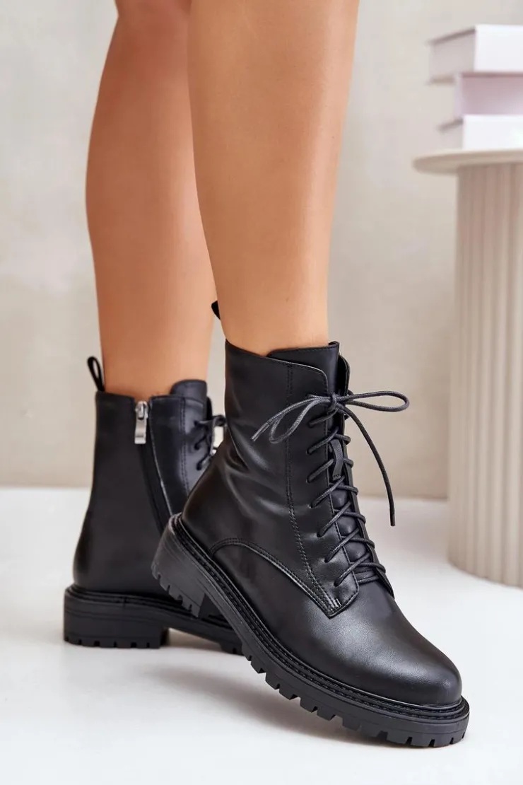 New Evento Skórzane Botki Workery Ocieplane Na Zamek Czarne Elosie